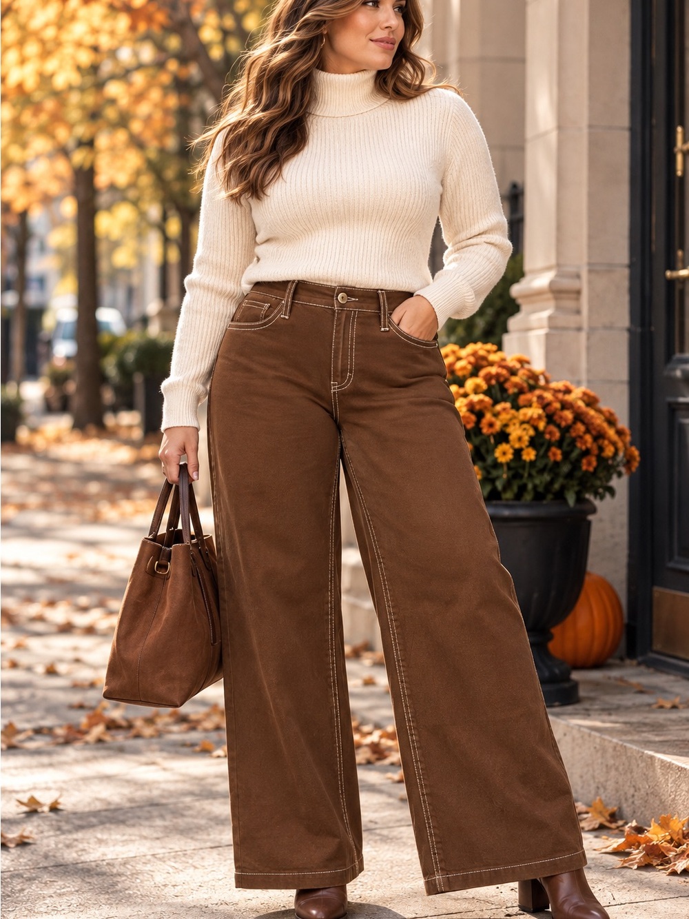 Madewell High-Rise Wide-Leg Jeans in Brown with Contrast Stitching